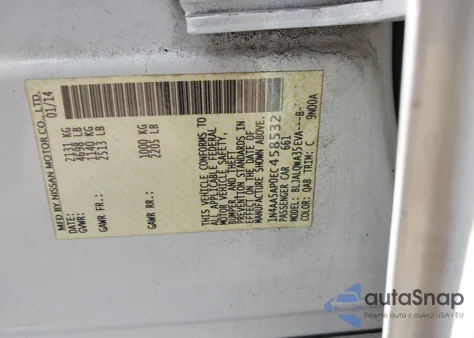 2014 Nissan Maxima 3.5 S/3.5 Sv z USA, uszkodzony, nr VIN 1N4AA5AP0EC458532